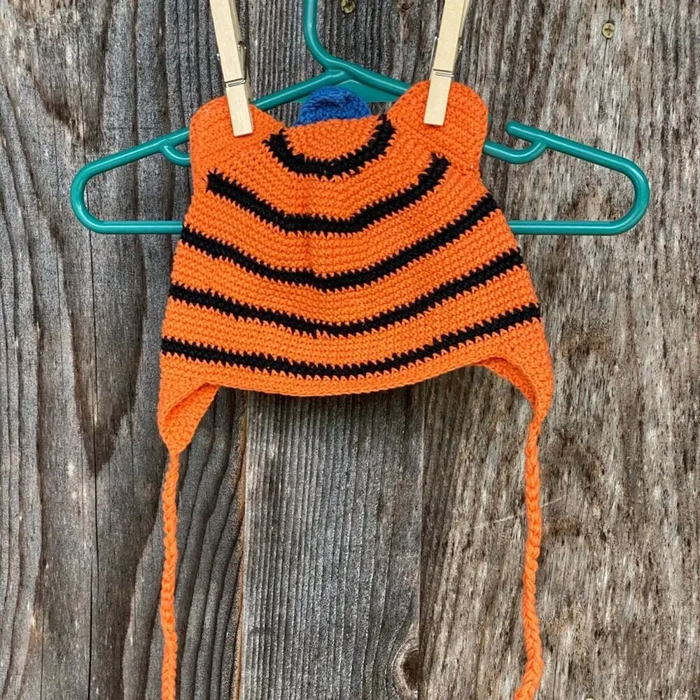 CUTE Orange Crochet Tiger‎ Face Infant Hat Ties